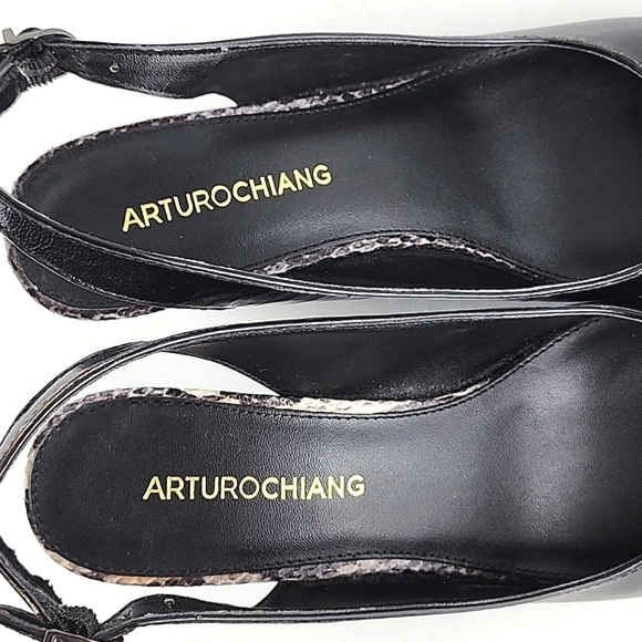 ARTURO CHIANG Black Leather Reptile Print Wedge Slingback Shoe Peep Toe Sz 7.5M - Picture 11 of 16